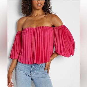 Pleated Off The Shoulder Balloon Sleeve Top